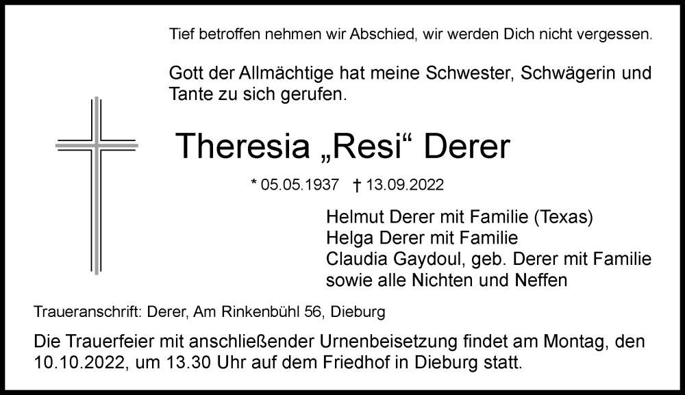  Traueranzeige für Theresia Derer vom 24.09.2022 aus vrm-trauer DieburgerAnzeiger/Groß-Zimmerner Lokala