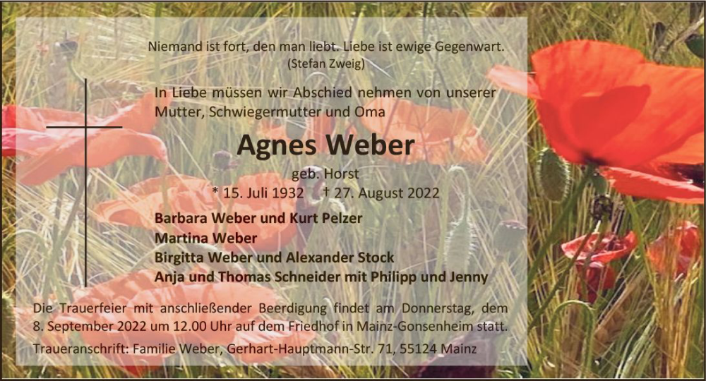  Traueranzeige für Agnes Weber vom 03.09.2022 aus vrm-trauer AZ Mainz