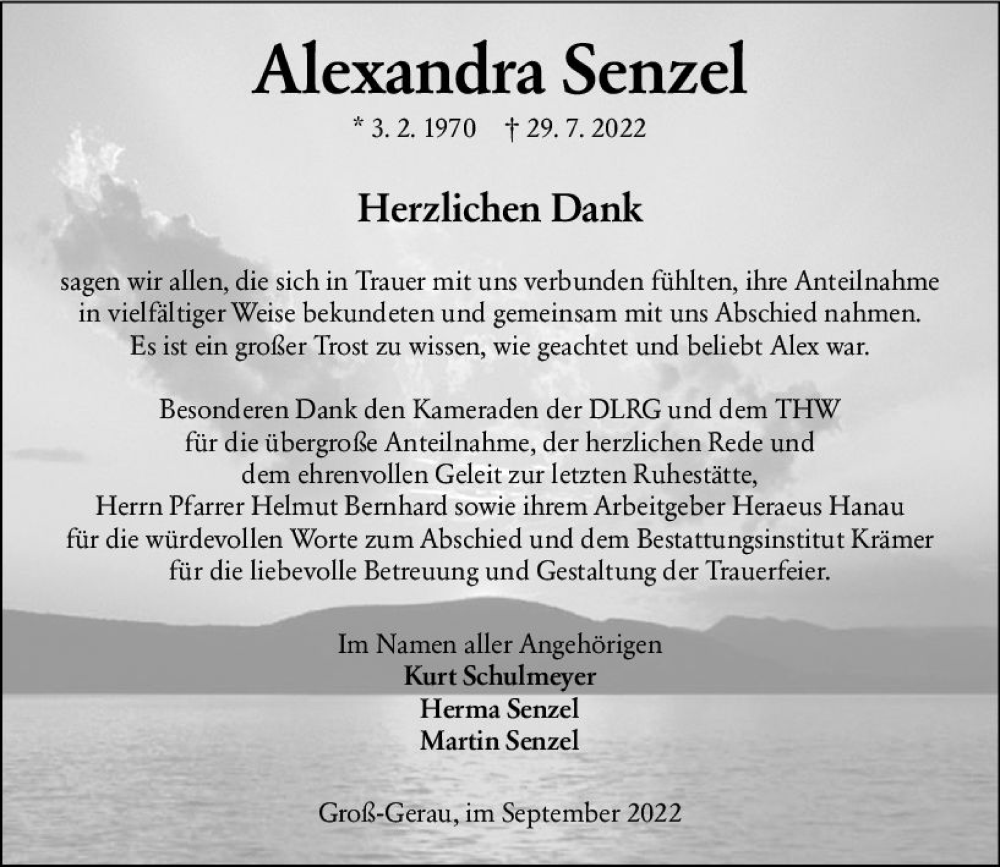  Traueranzeige für Alexandra Senzel vom 17.09.2022 aus vrm-trauer Groß-Gerauer Echo