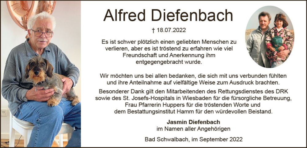  Traueranzeige für Alfred Diefenbach vom 10.09.2022 aus vrm-trauer Wiesbadener Kurier