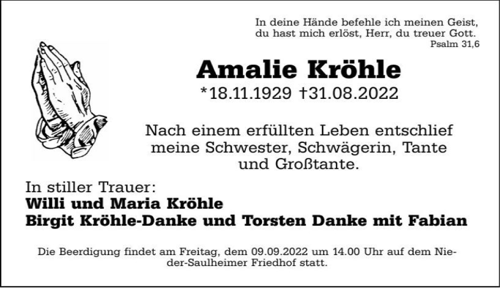  Traueranzeige für Amalie Kröhle vom 06.09.2022 aus vrm-trauer Allgemeine Zeitung Alzey