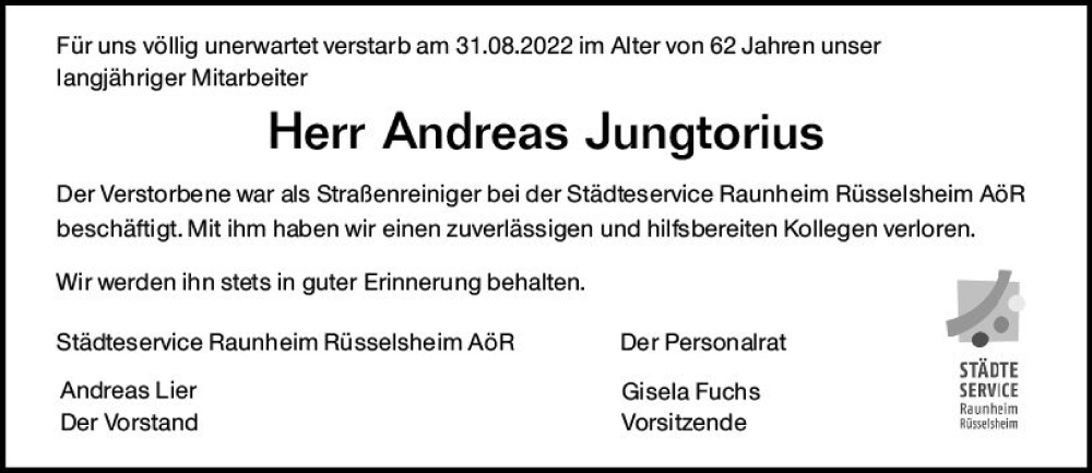  Traueranzeige für Andreas Jungtorius vom 01.10.2022 aus vrm-trauer Rüsselsheimer Echo / MainSpitze