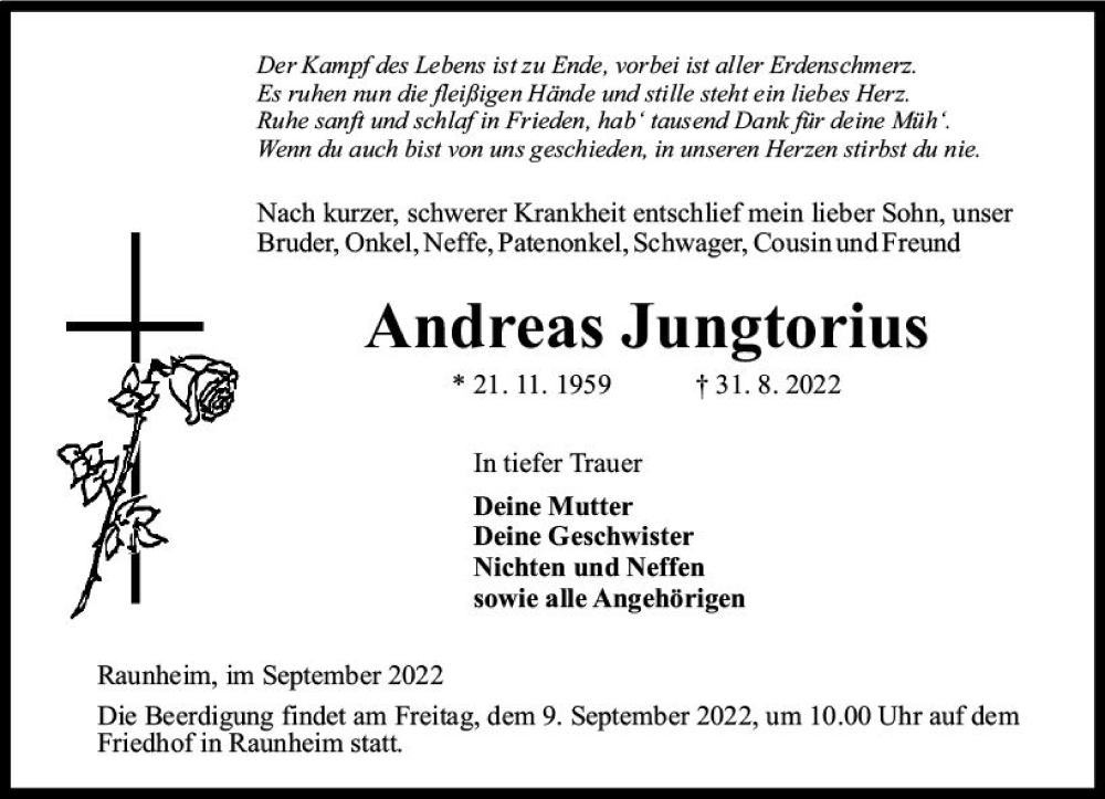  Traueranzeige für Andreas Jungtorius vom 07.09.2022 aus vrm-trauer Rüsselsheimer Echo / MainSpitze