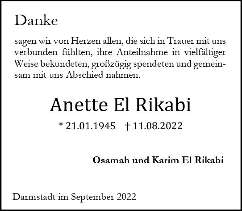  Traueranzeige für Anette El Rikabi vom 03.09.2022 aus vrm-trauer Darmstädter Echo