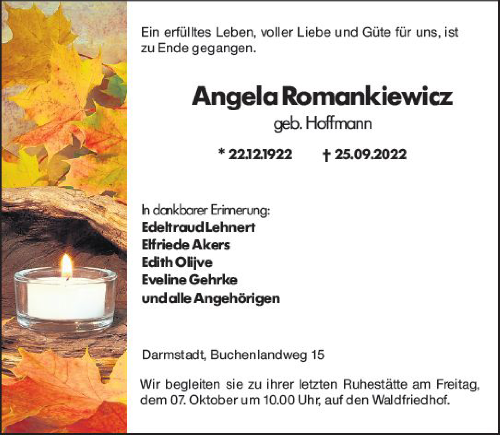  Traueranzeige für Angela Romankiewicz vom 01.10.2022 aus vrm-trauer Darmstädter Echo
