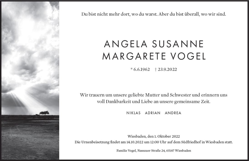  Traueranzeige für Angela Susanne Margarete Vogel vom 01.10.2022 aus vrm-trauer Wiesbadener Kurier