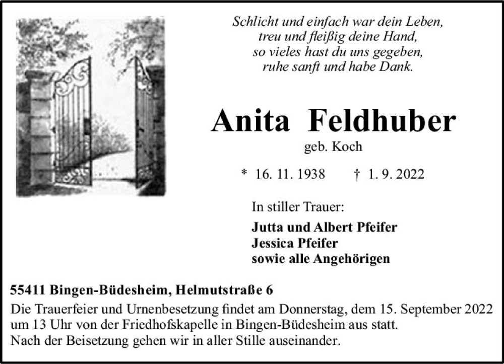  Traueranzeige für Anita Feldhuber vom 10.09.2022 aus vrm-trauer Allgemeine  Zeitung Ingelheim-Bingen