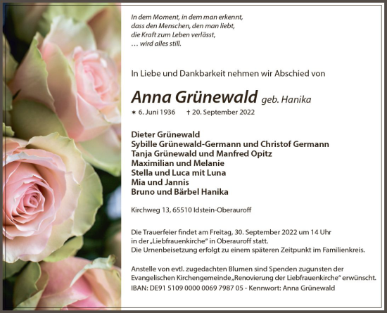 Traueranzeige von Anna Grünewald von vrm-trauer Wiesbadener Kurier