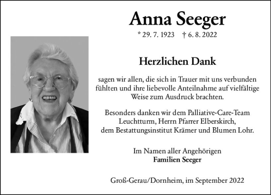 Traueranzeige von Anna Seeger von vrm-trauer Groß-Gerauer Echo