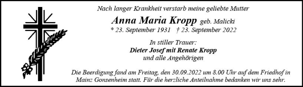  Traueranzeige für Anna Maria Kropp vom 01.10.2022 aus vrm-trauer AZ Mainz