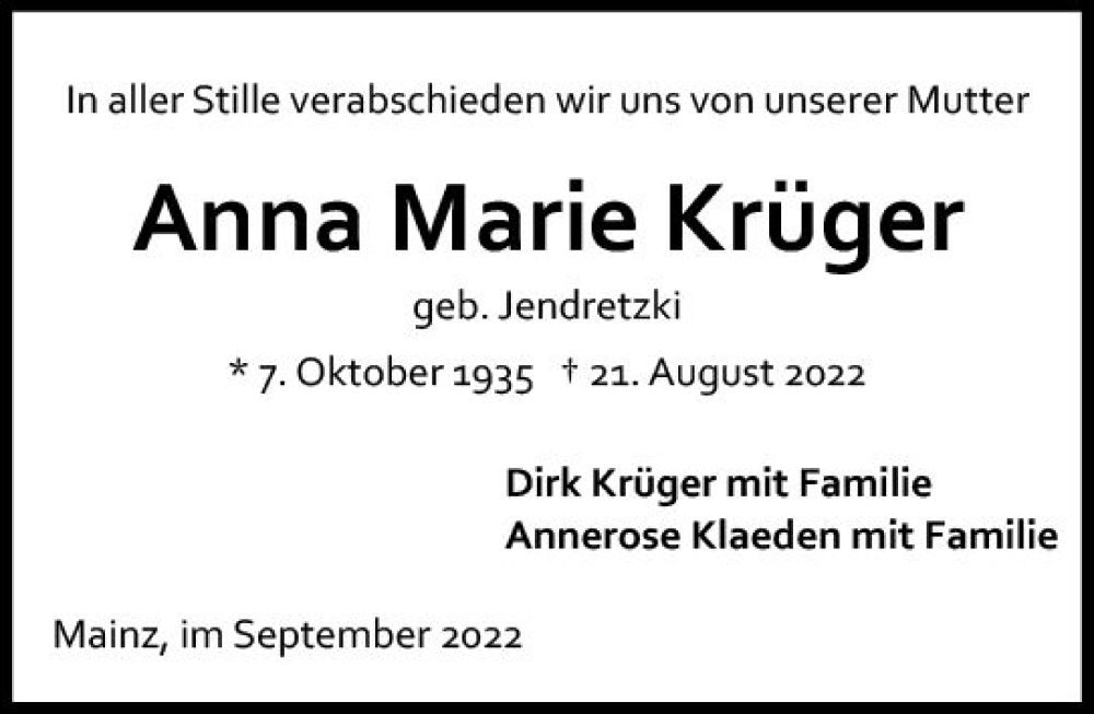  Traueranzeige für Anna Marie Krüger vom 03.09.2022 aus vrm-trauer AZ Mainz
