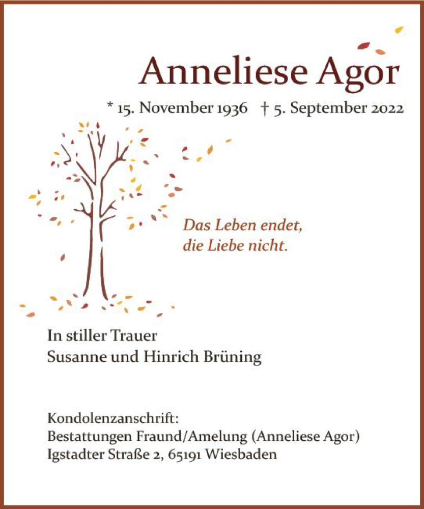  Traueranzeige für Anneliese Agor vom 17.09.2022 aus vrm-trauer Wiesbadener Kurier