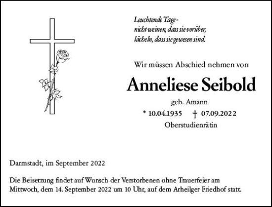 Traueranzeige von Anneliese Seibold von vrm-trauer Darmstädter Echo