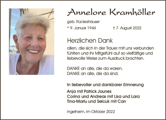 Traueranzeige von Annelore Kramhöller von vrm-trauer Allgemeine  Zeitung Ingelheim-Bingen