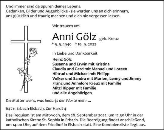 Traueranzeige von Anni Gölz von vrm-trauer Odenwälder Echo