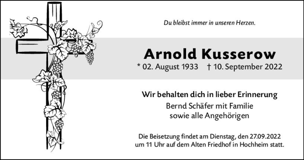  Traueranzeige für Arnold Kusserow vom 23.09.2022 aus vrm-trauer Hochheimer Zeitung
