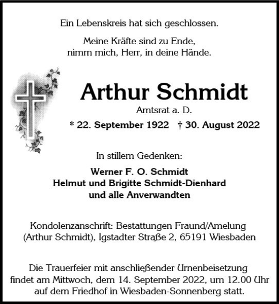 Traueranzeige von Arthur Schmidt von vrm-trauer Wiesbadener Kurier