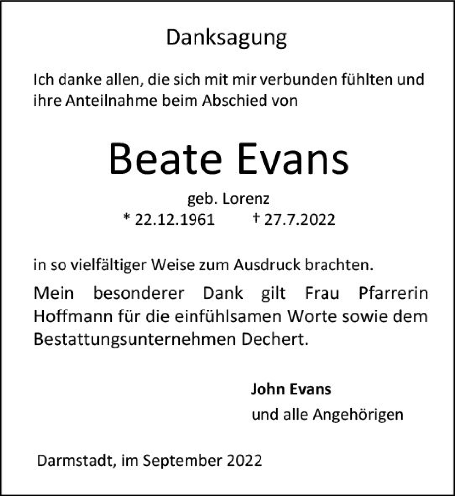  Traueranzeige für Beate Evans vom 17.09.2022 aus vrm-trauer Darmstädter Echo