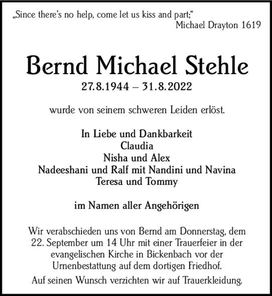  Traueranzeige für Bernd Michael Stehle vom 17.09.2022 aus vrm-trauer Darmstädter Echo