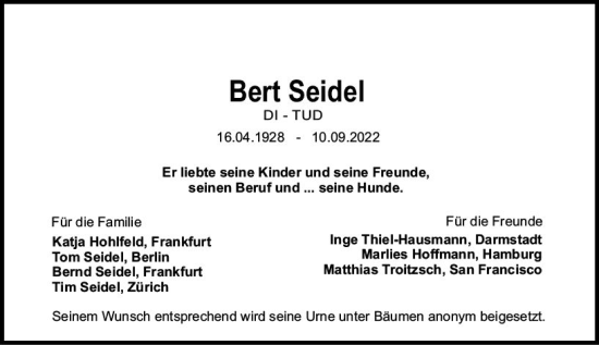 Traueranzeige von Bert Seidel von vrm-trauer Darmstädter Echo