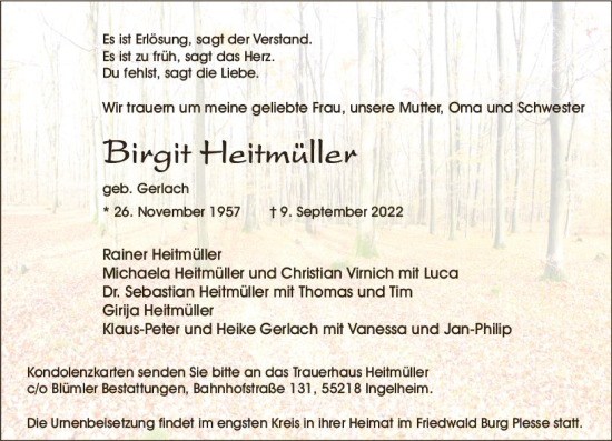 Traueranzeige von Birgit Heitmüller von vrm-trauer Allgemeine  Zeitung Ingelheim-Bingen
