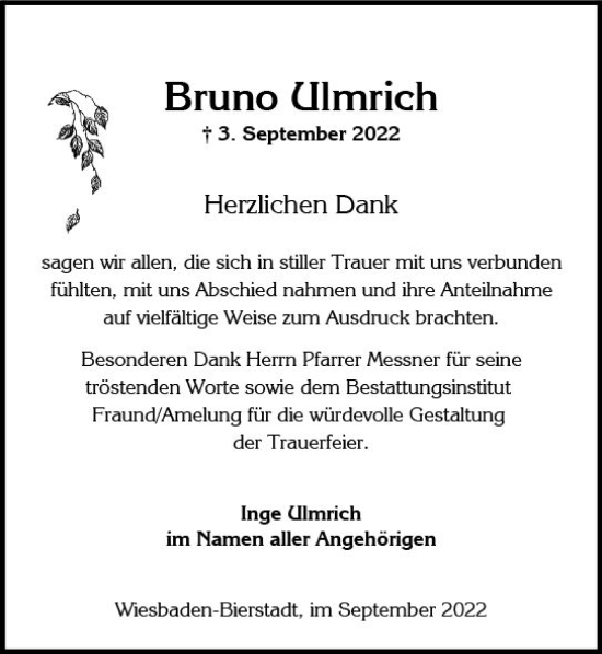 Traueranzeige von Bruno Ulmrich von vrm-trauer Wiesbadener Kurier