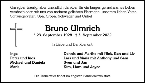 Traueranzeige von Bruno Ulmrich von vrm-trauer Wiesbadener Kurier