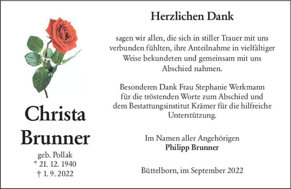  Traueranzeige für Christa Brunner vom 24.09.2022 aus vrm-trauer Groß-Gerauer Echo