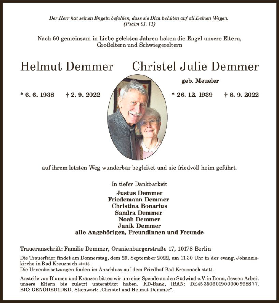 Traueranzeige für Christel Julie Demmer vom 24.09.2022 aus vrm-trauer Allg. Zeitung Bad Kreuznach