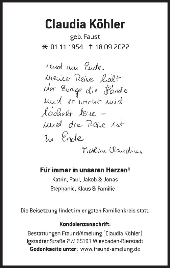 Traueranzeige von Claudia Köhler von vrm-trauer Wiesbadener Kurier