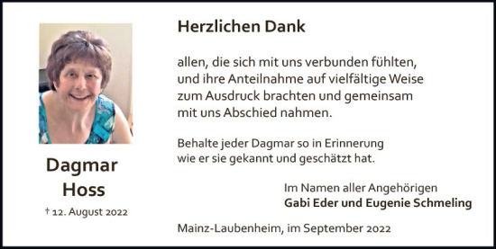 Traueranzeige von Dagmar Hoss von vrm-trauer AZ Mainz