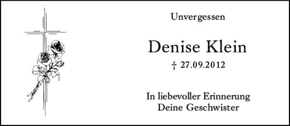  Traueranzeige für Denise Klein vom 27.09.2022 aus vrm-trauer Wiesbadener Kurier
