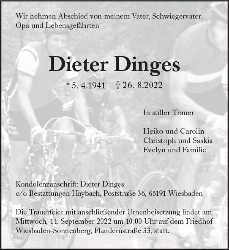  Traueranzeige für Dieter Dinges vom 03.09.2022 aus vrm-trauer Wiesbadener Kurier