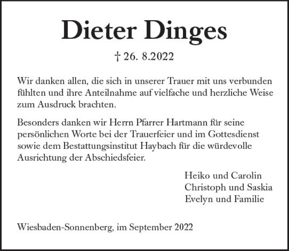  Traueranzeige für Dieter Dinges vom 24.09.2022 aus vrm-trauer Wiesbadener Kurier