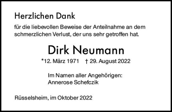 Traueranzeige von Dirk Neumann von vrm-trauer Rüsselsheimer Echo / MainSpitze