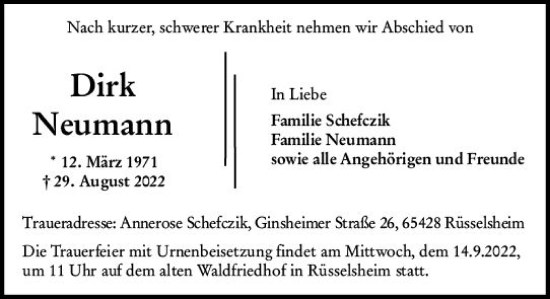 Traueranzeige von Dirk Neumann von vrm-trauer Rüsselsheimer Echo / MainSpitze