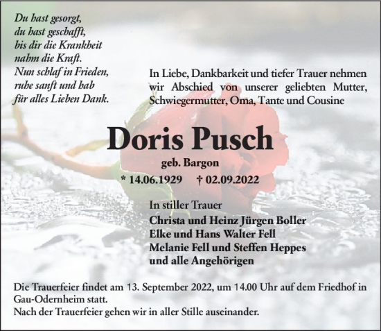Traueranzeige von Doris Pusch von vrm-trauer Allgemeine Zeitung Alzey
