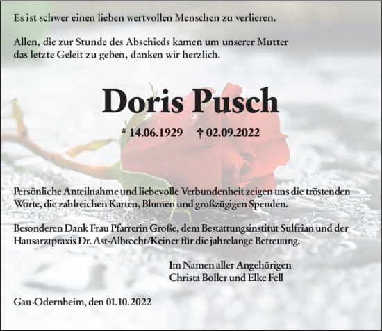 Traueranzeige von Doris Pusch von vrm-trauer Allgemeine Zeitung Alzey