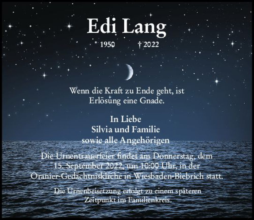  Traueranzeige für Edi Lang vom 10.09.2022 aus vrm-trauer Wiesbadener Kurier