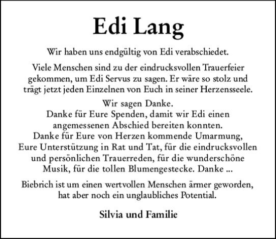 Traueranzeige von Edi Lang von vrm-trauer Wiesbadener Kurier