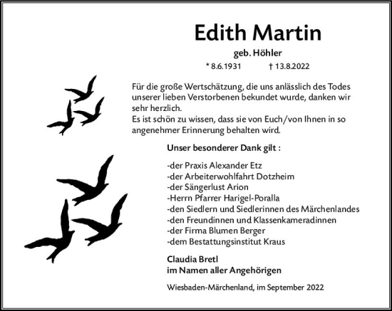 Traueranzeige von Edith Martin von vrm-trauer Wiesbadener Kurier