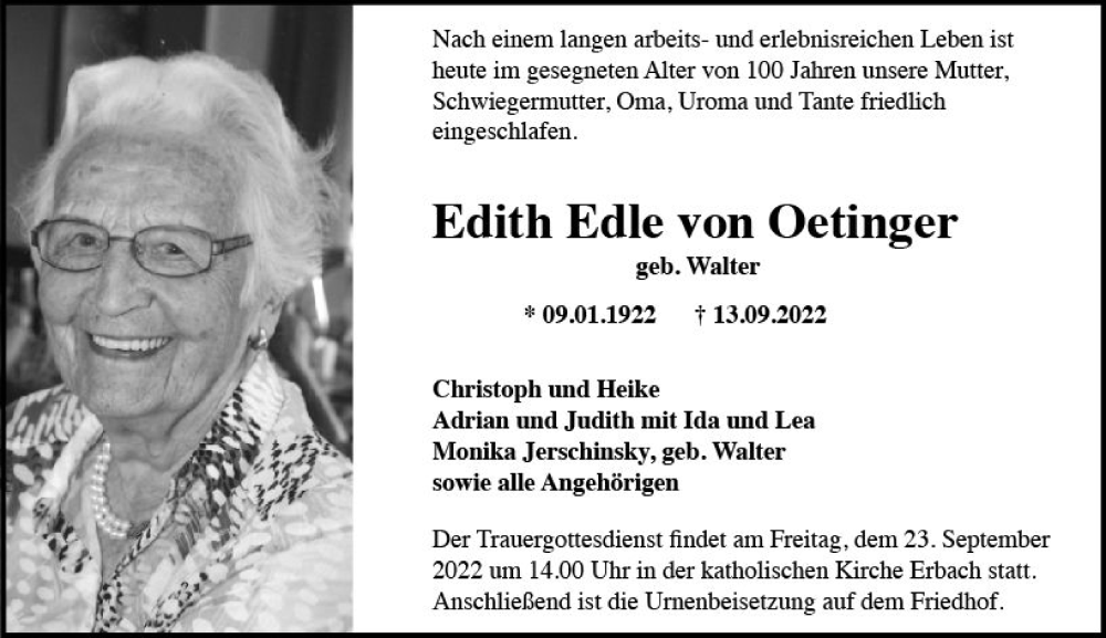  Traueranzeige für Edith Edle von Oetinger vom 17.09.2022 aus vrm-trauer Wiesbadener Kurier