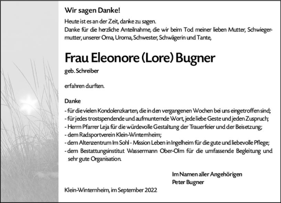 Traueranzeige von Eleonore Bugner von vrm-trauer AZ Mainz