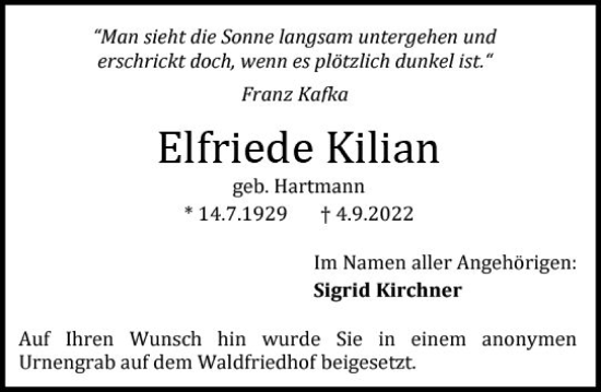 Traueranzeige von Elfriede Kilian von vrm-trauer Darmstädter Echo