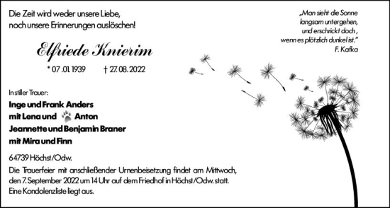 Traueranzeige von Elfriede Knierim von vrm-trauer Odenwälder Echo