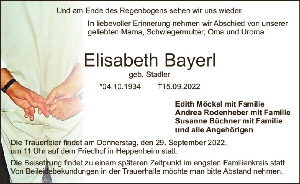  Traueranzeige für Elisabeth Bayerl vom 24.09.2022 aus vrm-trauer Bürstädter/Lamperth. Ztg/Starkenburger