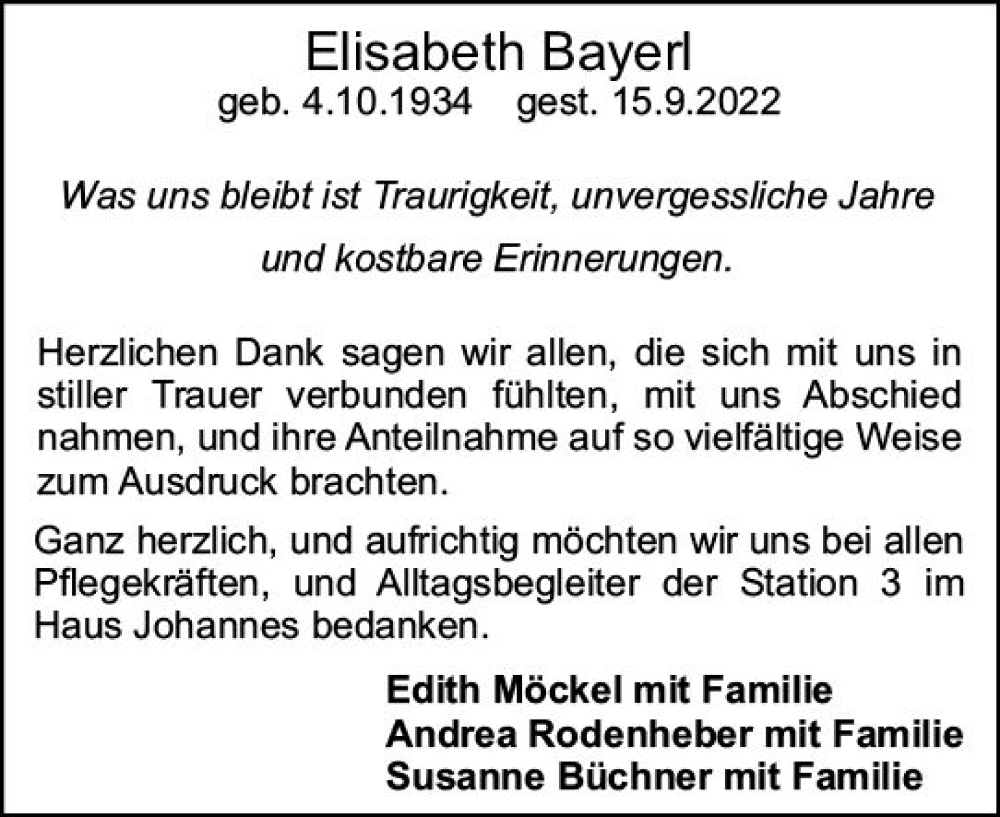  Traueranzeige für Elisabeth Bayerl vom 01.10.2022 aus vrm-trauer Bürstädter/Lamperth. Ztg/Starkenburger