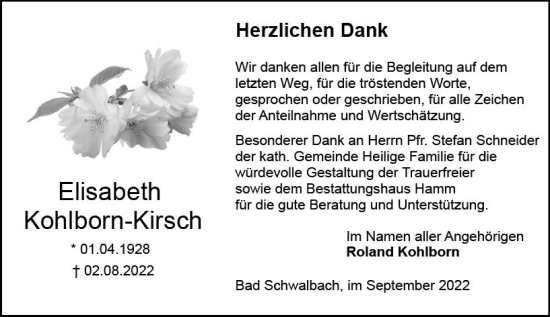 Traueranzeige von Elisabeth Kohlborn-Kirsch von vrm-trauer WK-UTA