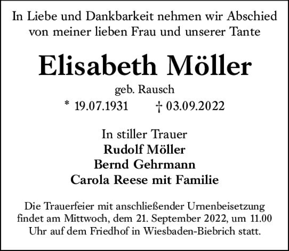  Traueranzeige für Elisabeth Möller vom 17.09.2022 aus vrm-trauer Wiesbadener Kurier