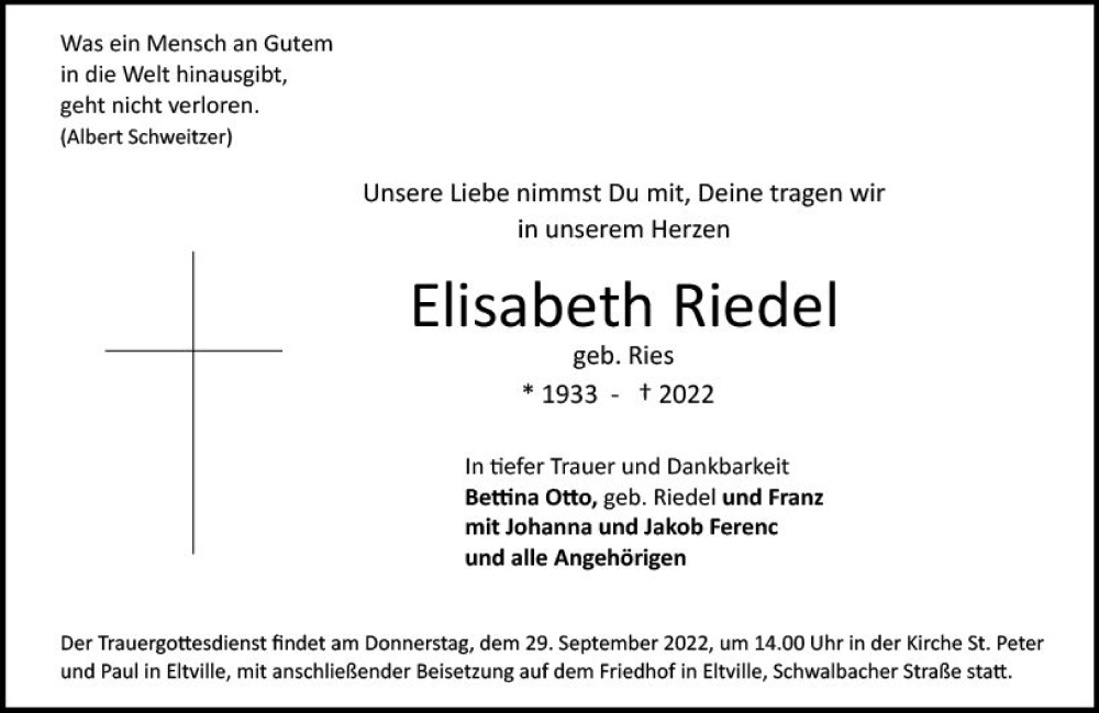  Traueranzeige für Elisabeth Riedel vom 24.09.2022 aus vrm-trauer Rheingau